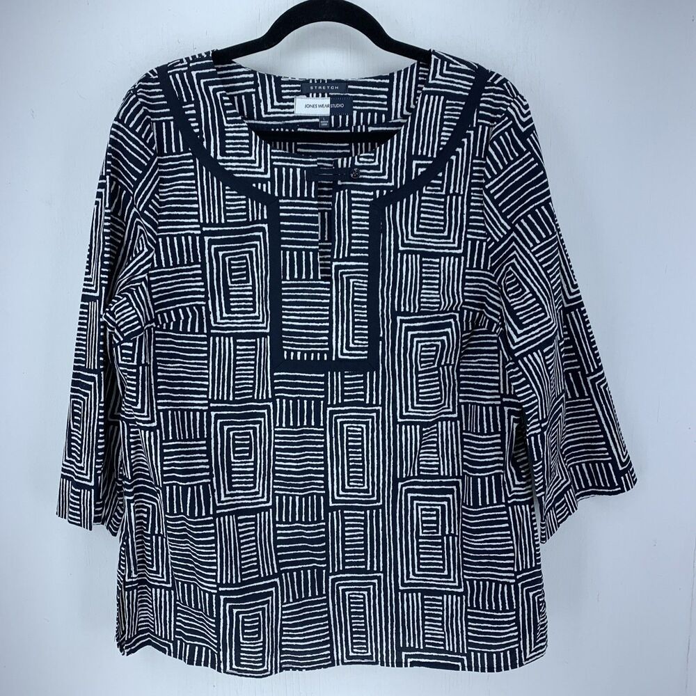 Jones Wear Women L Tunic Top Boho Hippie Peasant Nautical Abstract Beach Coastal